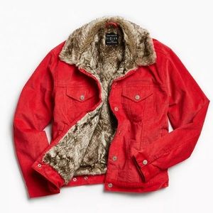 Urban Outfitters Men’s Relaxed Faux Fur-Lined Red Corduroy Trucker Jacket